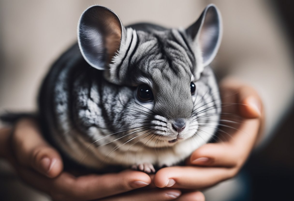 A chinchilla being gently held and supported by a person, with the chinchilla's fur appearing soft and fluffy