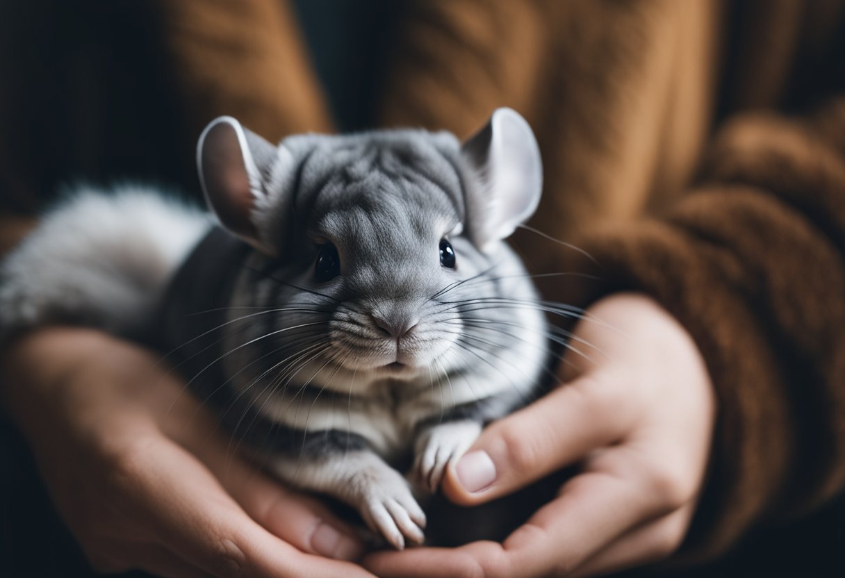 A person gently holds a chinchilla, cradling it against their chest while stroking its soft fur with a smile on their face