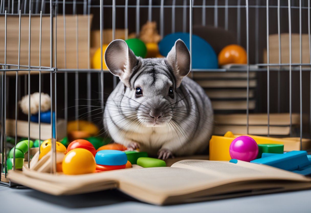 A chinchilla sitting in a spacious, well-ventilated cage with a variety of toys and hiding spots, surrounded by informational books and online resources on chinchilla care