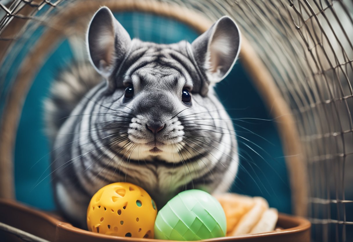 A chinchilla sitting in a cozy cage with a water bottle, food dish, and chew toys, while a person gently pets its soft fur