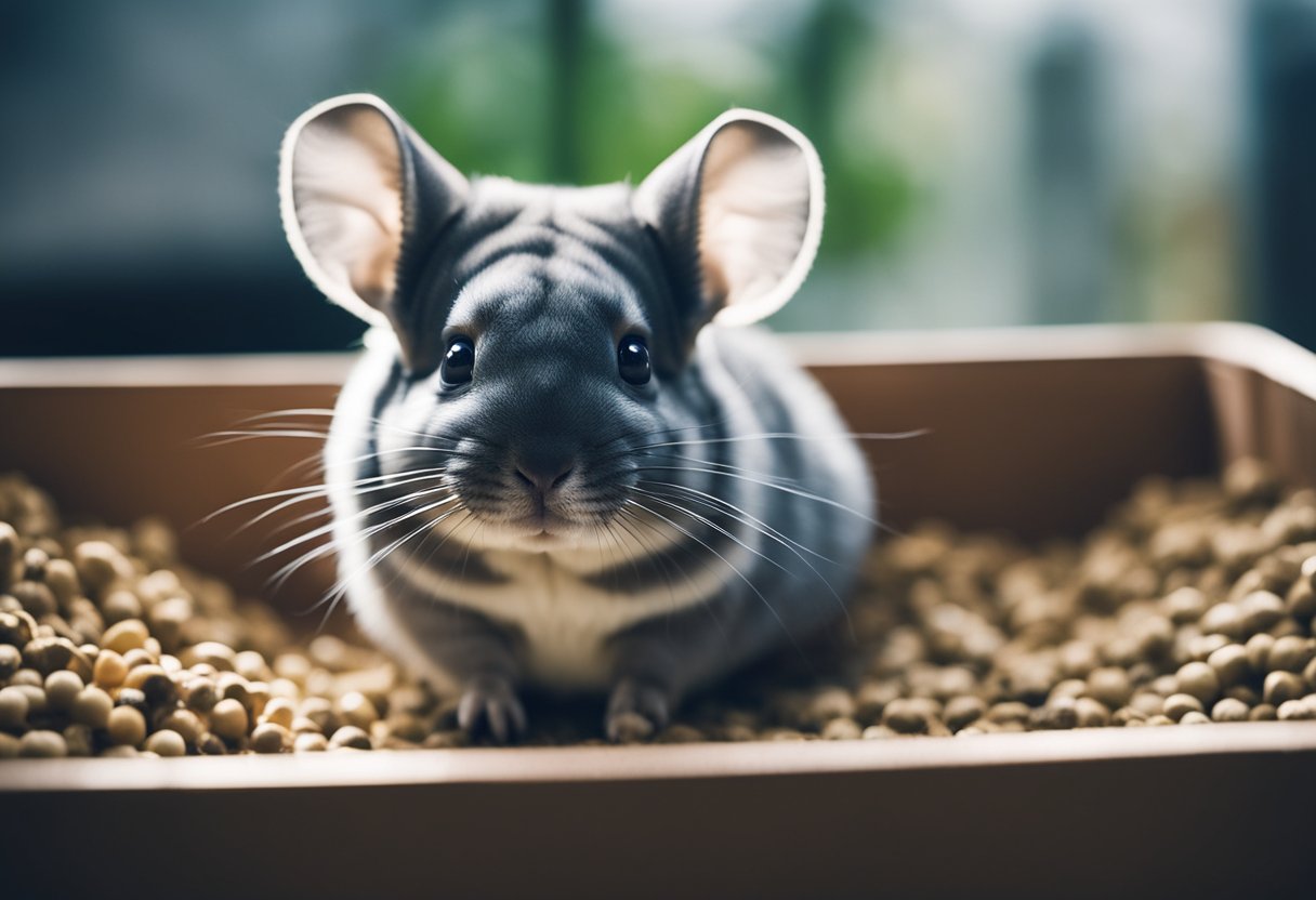 A chinchilla sits in a litter box, next to a pile of droppings, looking up at its owner with a curious expression