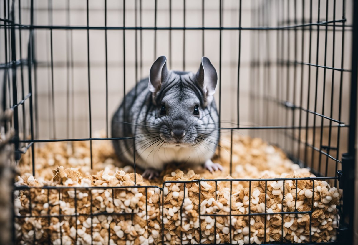 A chinchilla sits in a corner of its cage, using a small litter box filled with absorbent bedding. It looks content and relaxed, demonstrating that chinchillas can indeed be potty trained