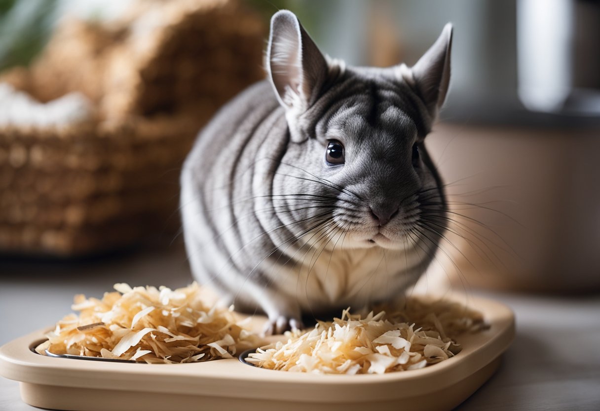 A chinchilla sits next to a small potty tray filled with wood shavings, while its owner rewards it with a treat for using the potty correctly