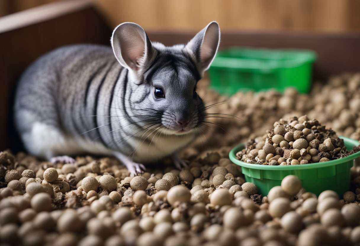 A chinchilla sits in a litter box, next to a small pile of droppings, while a human offers a treat as a reward