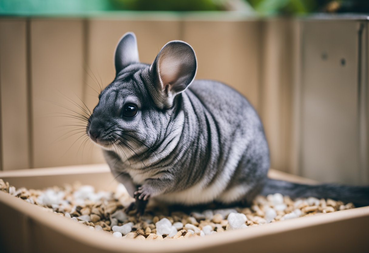 A chinchilla sitting next to a litter box, with a small pile of droppings nearby