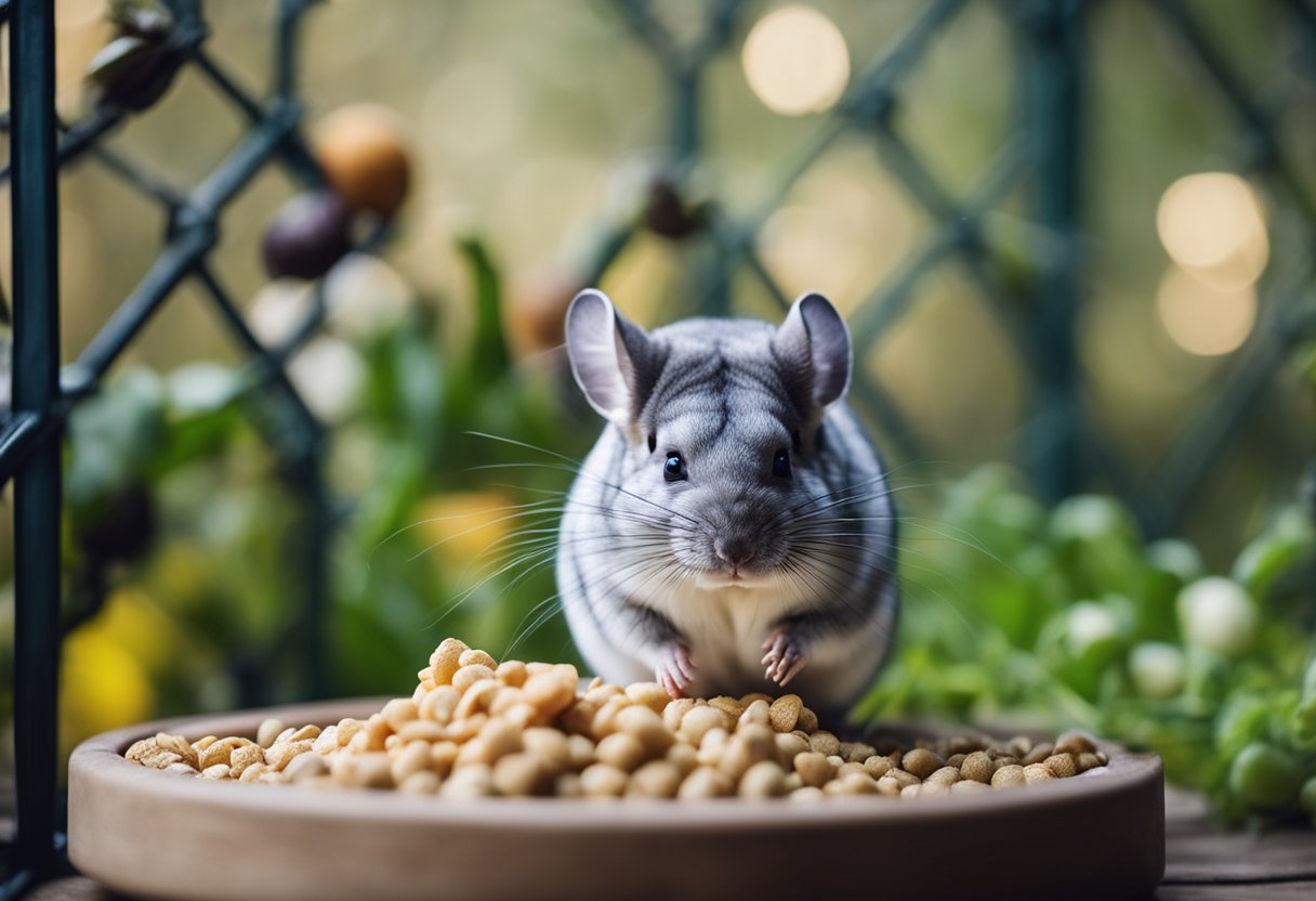 A chinchilla nibbles on hamster food in a cage