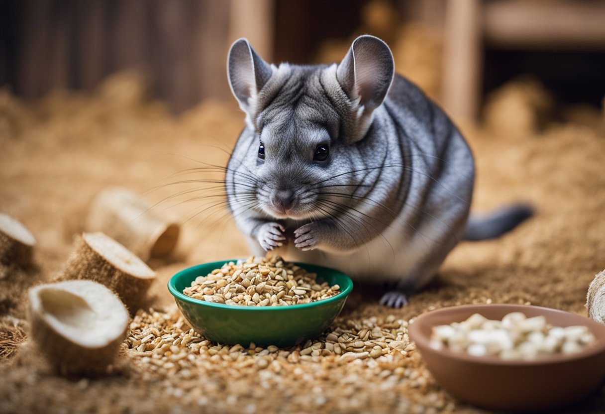 A chinchilla sniffs at a bowl of hamster food, while a pile of hay and fresh water sits nearby