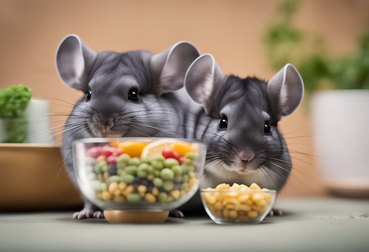 A chinchilla and a hamster sit side by side, each with a bowl of food in front of them. The chinchilla sniffs the hamster food while the hamster nibbles on the chinchilla food