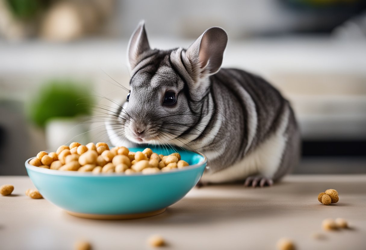 A chinchilla examines a bowl of hamster food, sniffing cautiously