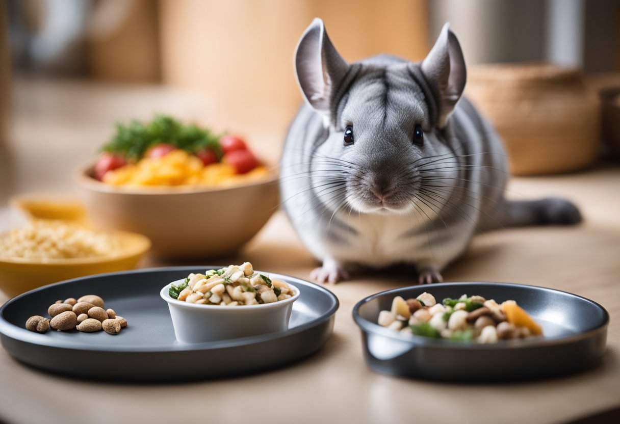 A chinchilla and a hamster standing next to their respective food bowls, with a question mark hovering above them