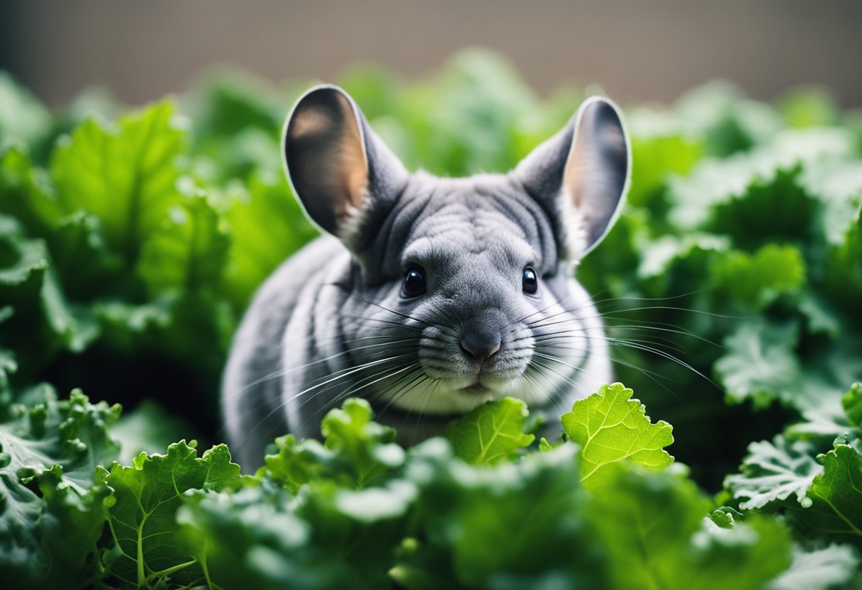 A chinchilla nibbles on a bunch of fresh kale leaves