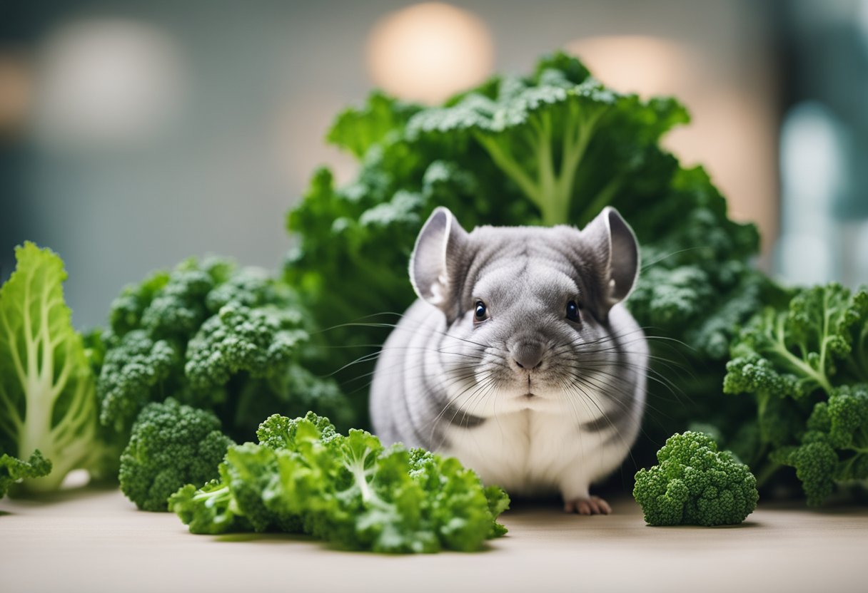 A chinchilla surrounded by fresh kale leaves, with a nutritional chart and question mark in the background