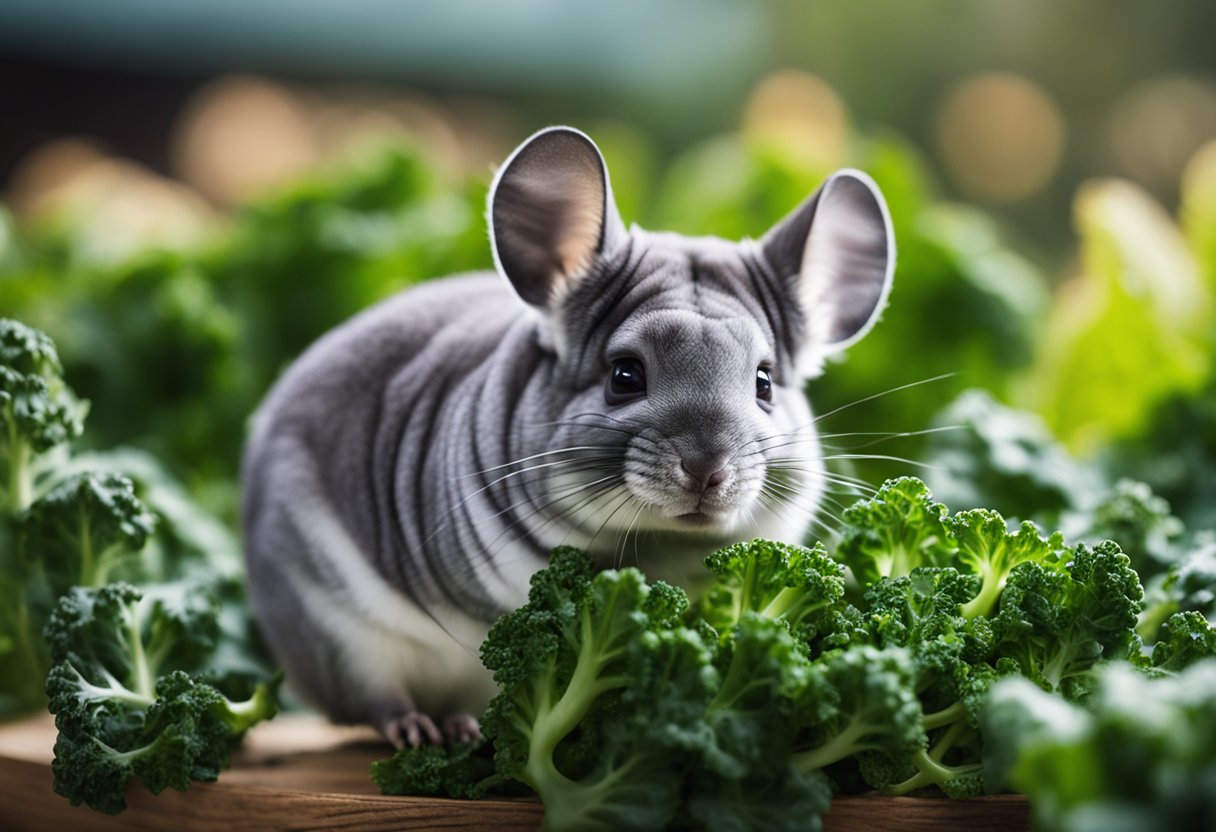 A chinchilla nibbles on a leaf of kale inside its cage