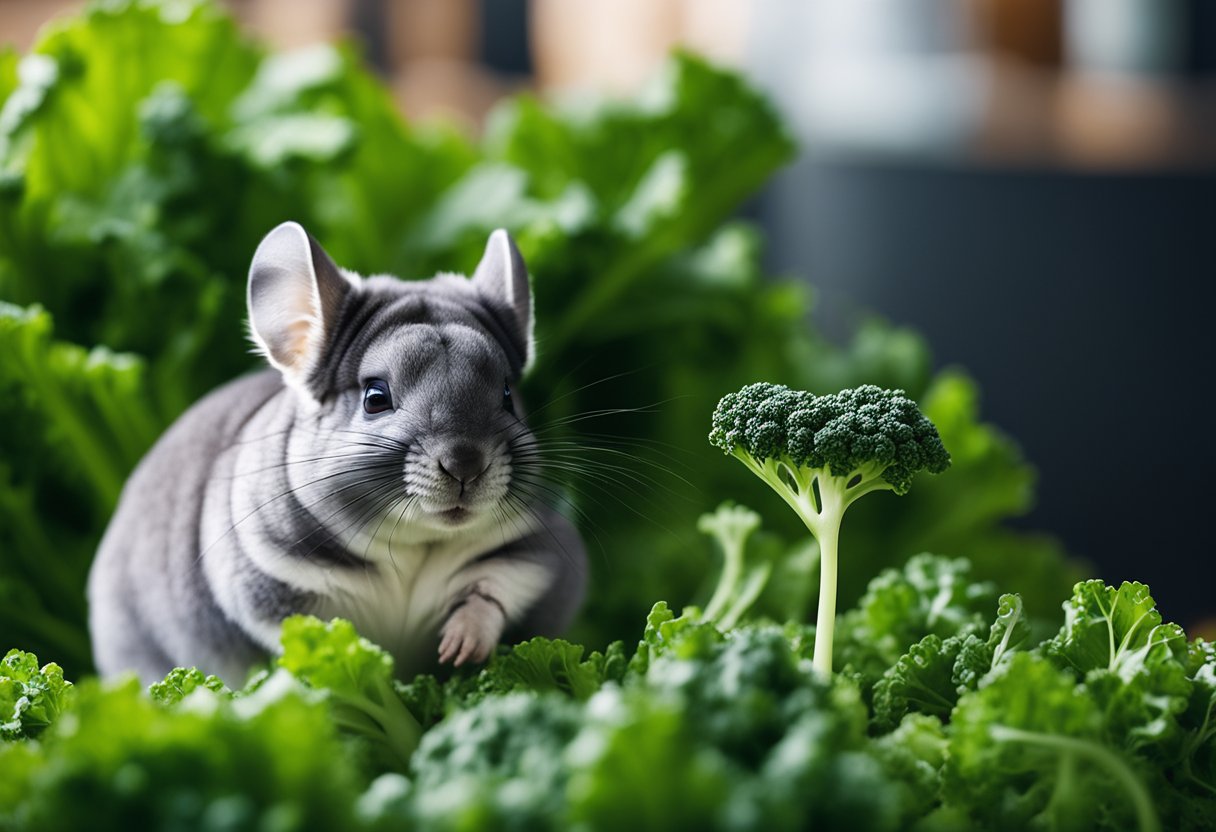 A chinchilla nibbles on a leafy green kale, while a question mark hovers above its head