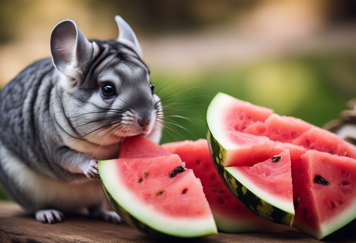 A chinchilla nibbles on a slice of watermelon, its tiny paws delicately holding the fruit as it enjoys the sweet treat