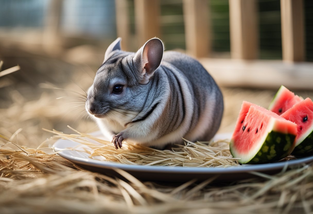 A chinchilla sitting in its cage, surrounded by fresh hay and a small slice of watermelon on a plate