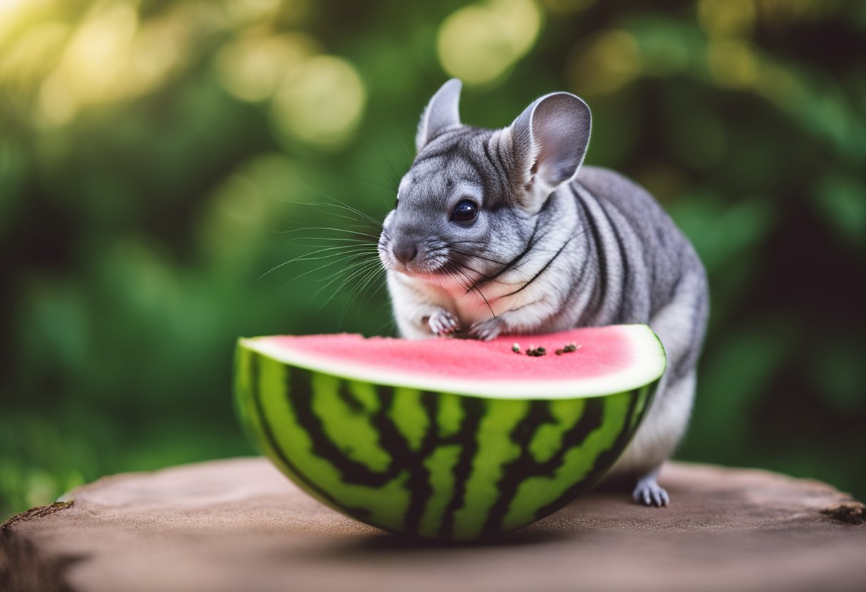 A chinchilla nibbles on a slice of watermelon, its fur fluffy and soft against the vibrant pink and green fruit