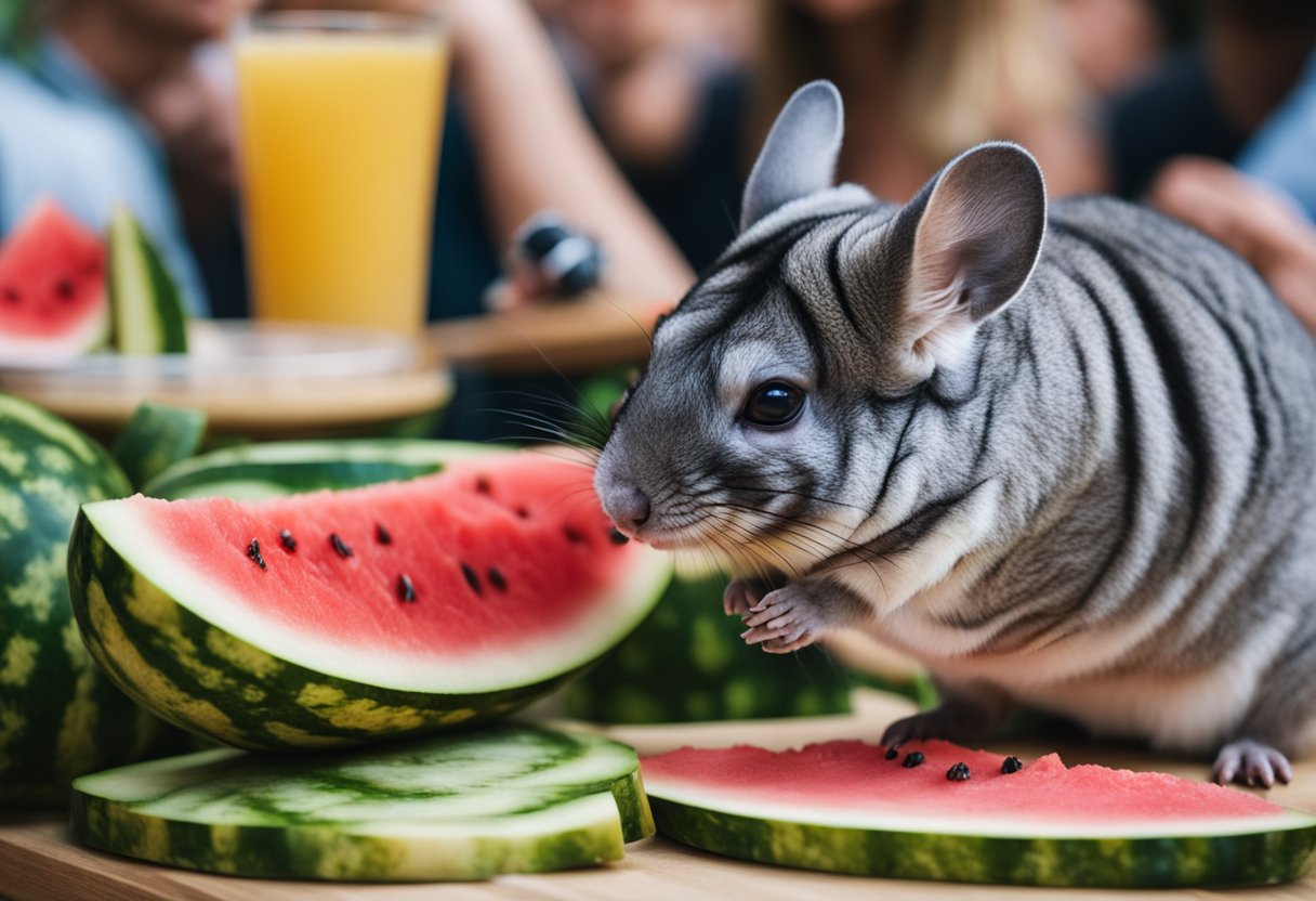 A chinchilla nibbles on a slice of watermelon, surrounded by curious onlookers