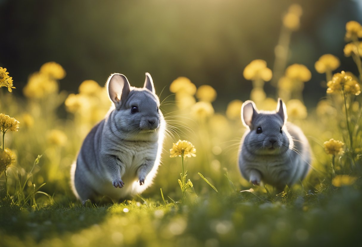 A cluster of chinchillas frolics in a sunlit meadow, their soft fur shimmering in the light as they playfully chase each other