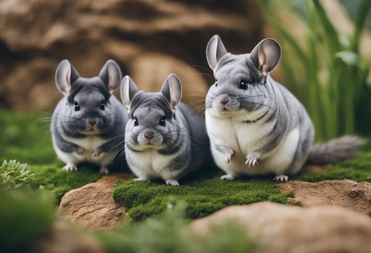 A group of chinchillas, called a herd, is depicted in a natural habitat, with several chinchillas gathered together in a grassy area with rocks and bushes