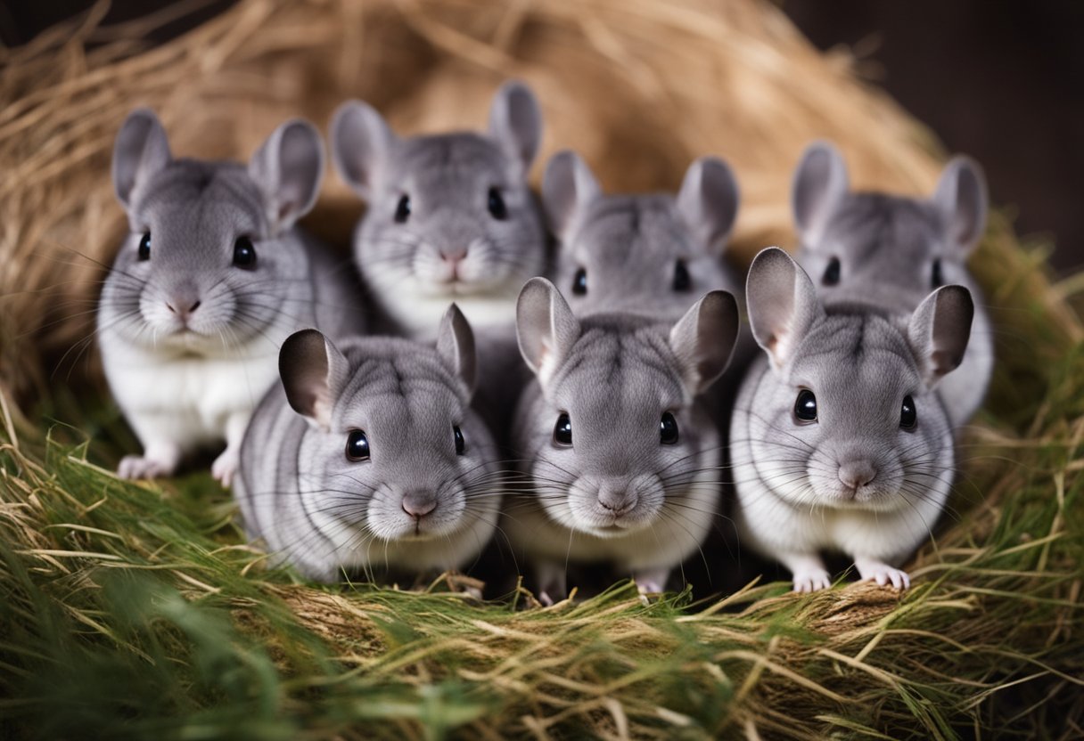 A cluster of chinchillas, known as a herd, gathers in a cozy burrow, their soft fur and large eyes creating an endearing sight