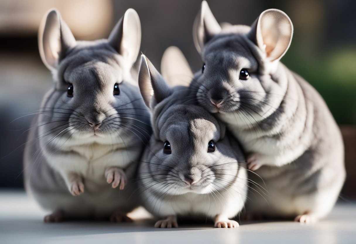 A cluster of chinchillas huddle together, their soft fur creating a fluffy mound of gray and white. Their large ears perk up, listening attentively