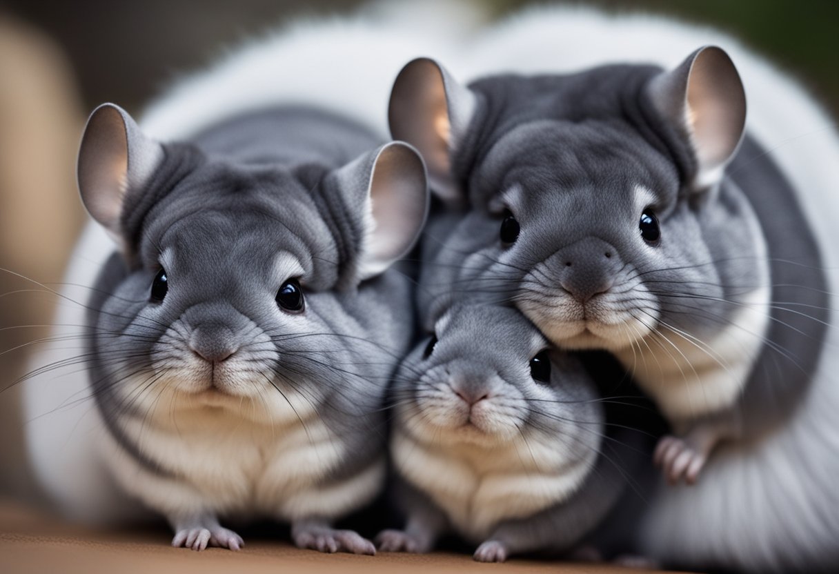 A group of chinchillas huddled together, their soft fur creating a fluffy mass of gray and white. Their large, expressive eyes peer out curiously