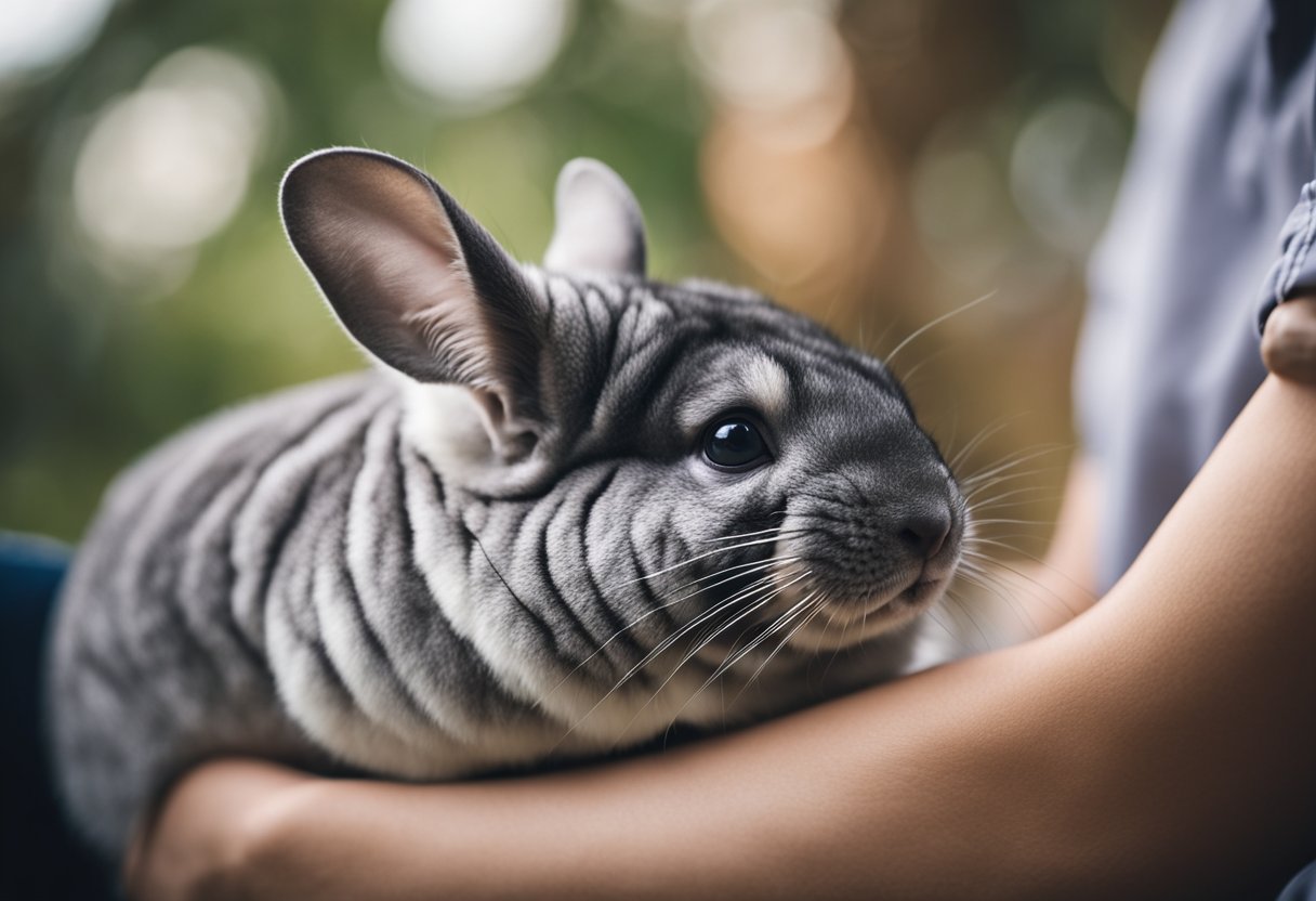 A chinchilla sits calmly on a handler's lap, looking up with curiosity as the handler gently strokes its soft fur