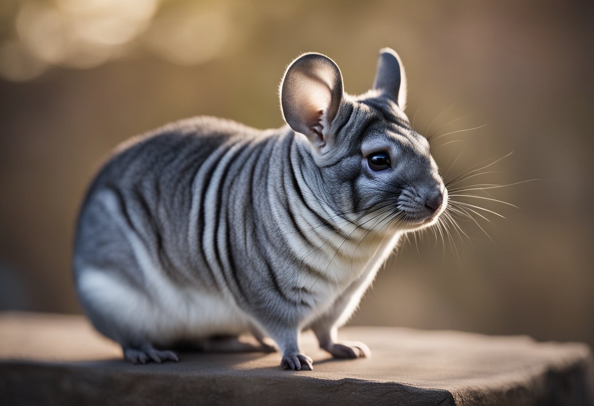 A chinchilla sits calmly on a flat surface, its ears perked up and eyes alert. Its body is relaxed, showing no signs of distress