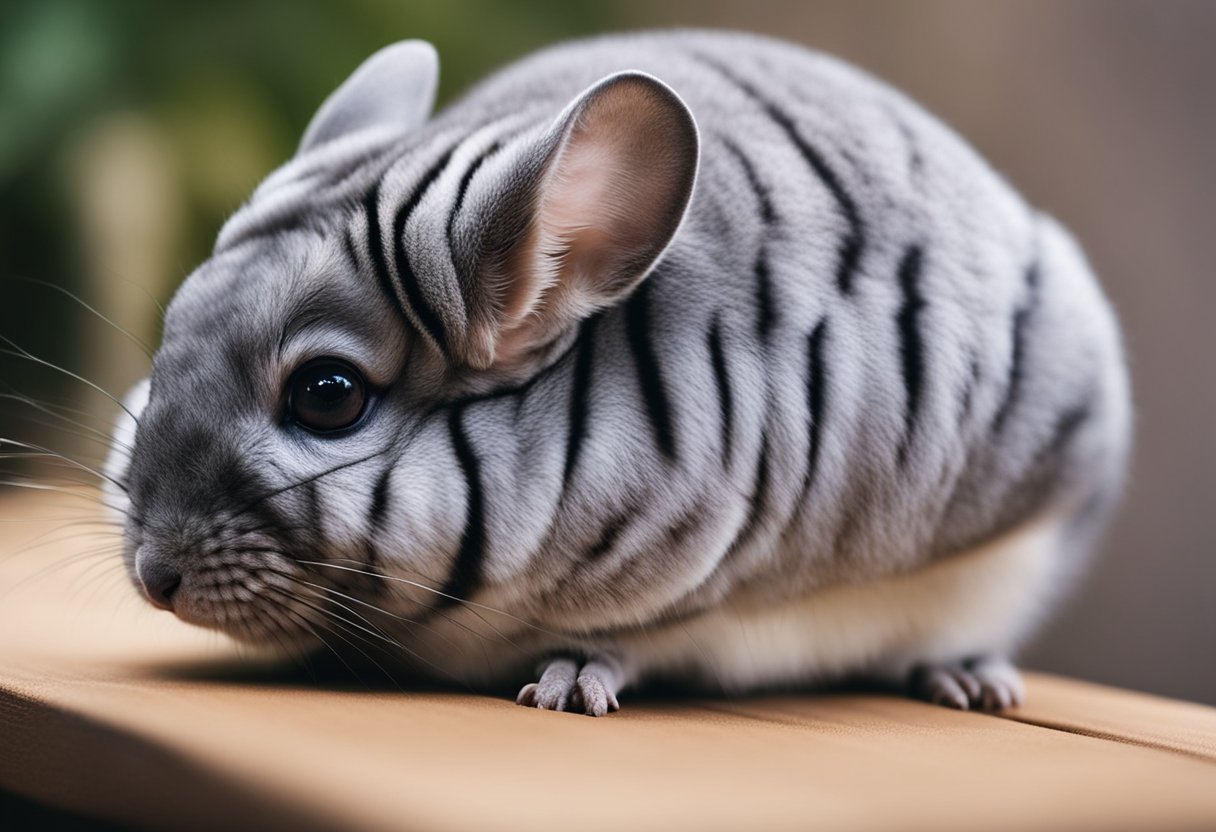 A chinchilla sitting calmly on a flat surface, with a trainer gently petting and handling the animal with care