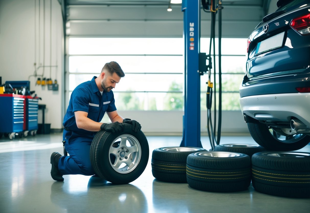 En mekaniker i en rymlig, välbelyst garage inspekterar och underhåller ett set bildäck med hjälp av specialverktyg och utrustning.