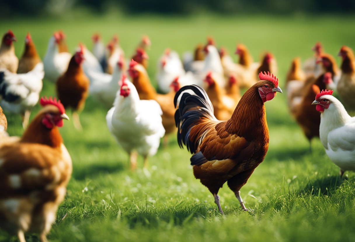 A cinnamon queen chicken standing in a grassy field, surrounded by other chickens of various colors