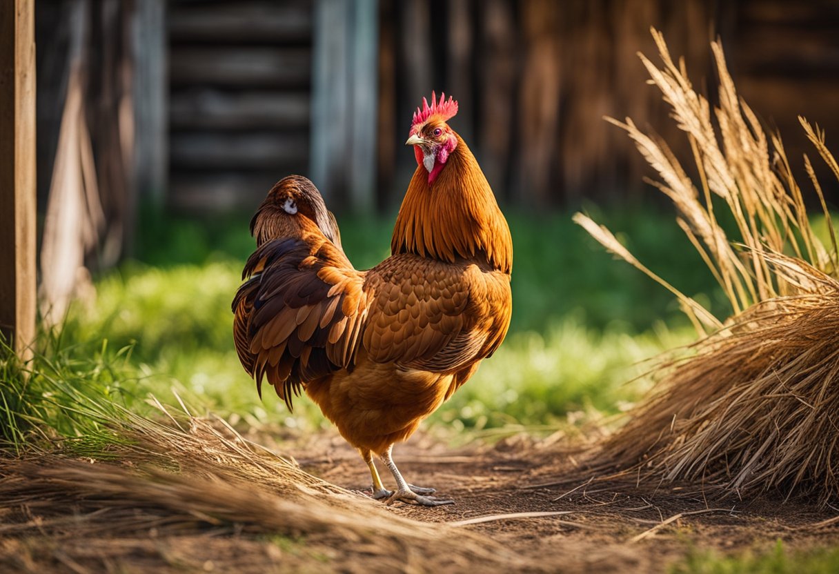 A cinnamon queen chicken stands proudly in a rustic barnyard, surrounded by golden straw and vibrant green grass. Its feathers shimmer with warm, cinnamon hues, and its bright eyes exude a sense of regal confidence