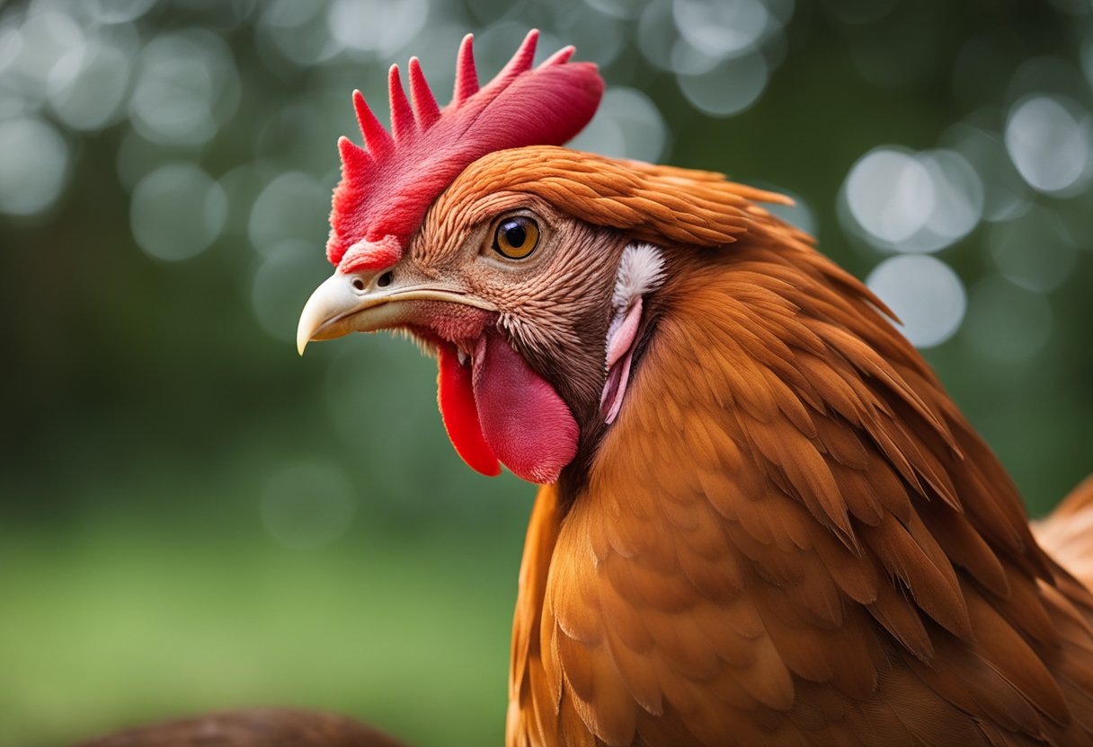 A cinnamon queen chicken stands proudly, with vibrant red and brown feathers, a sturdy frame, and a regal posture