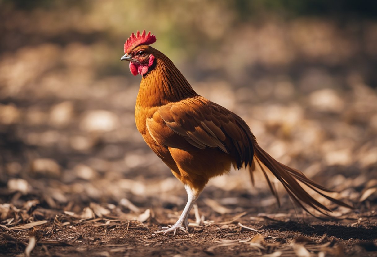 A cinnamon queen chicken struts confidently, feathers rustling in the breeze, its curious and friendly demeanor evident as it pecks at the ground