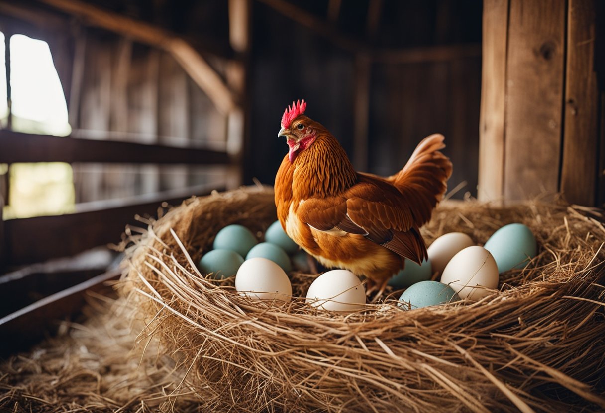 A cinnamon queen chicken lays eggs in a cozy, straw-filled nesting box in a rustic barn