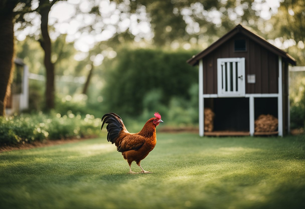 A cinnamon queen chicken roams freely in a spacious and clean outdoor coop surrounded by trees and greenery