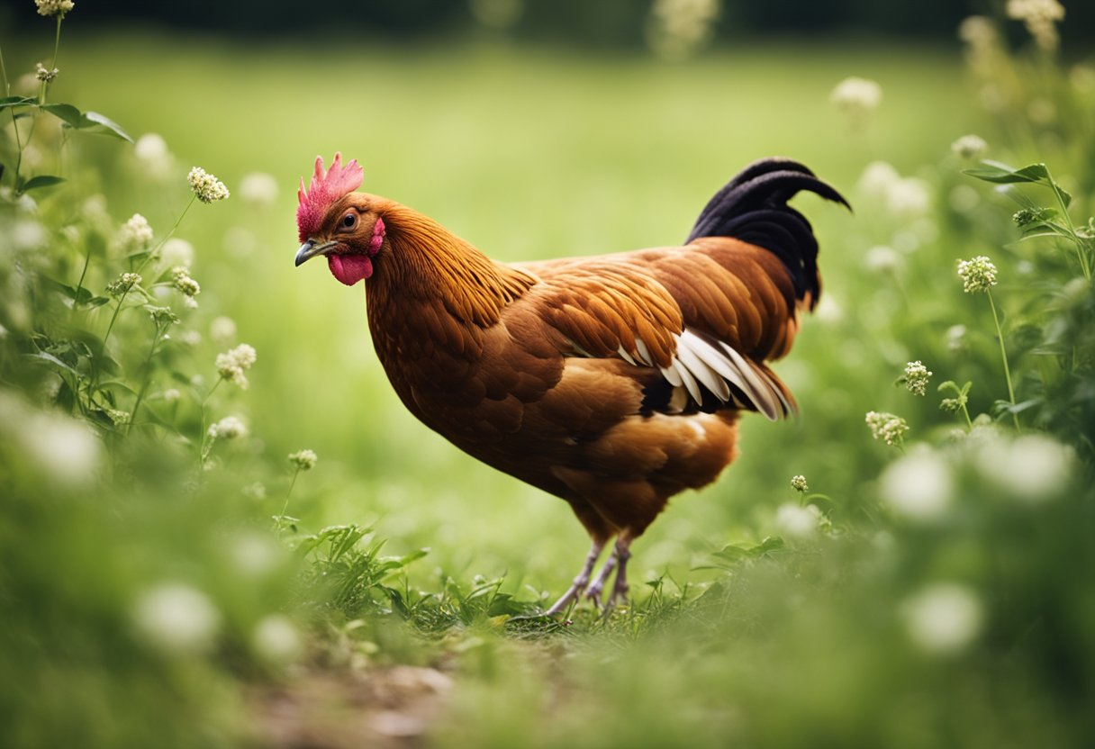 A cinnamon queen chicken pecking at scattered grains in a lush, green, open field