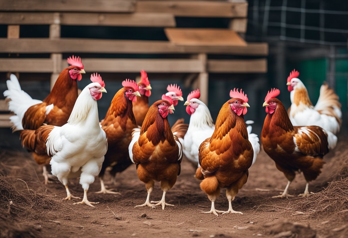 Cinnamon queen chickens in a spacious, clean coop with nesting boxes and a feeding station. Selective breeding signs evident in diverse plumage colors and healthy, robust birds