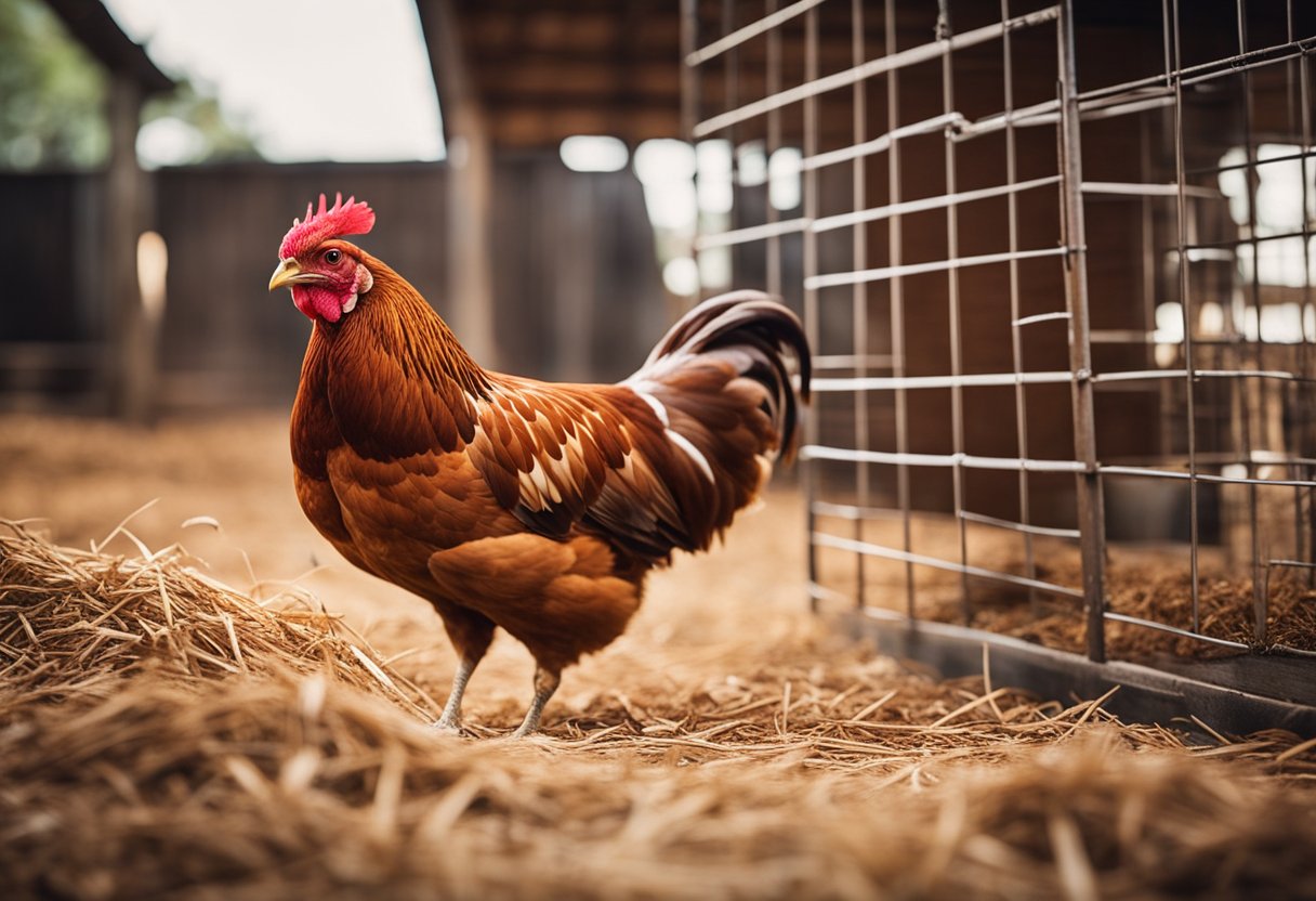 A cinnamon queen chicken pecking at the ground in a clean and spacious coop, surrounded by fresh straw and a water dispenser