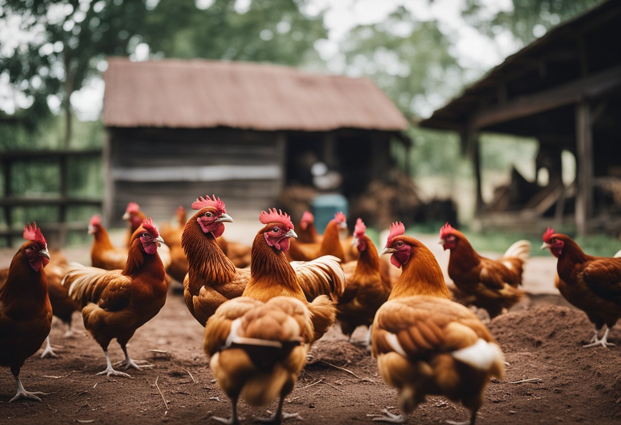 A group of cinnamon queen chickens gather around a pile of resources in a community coop