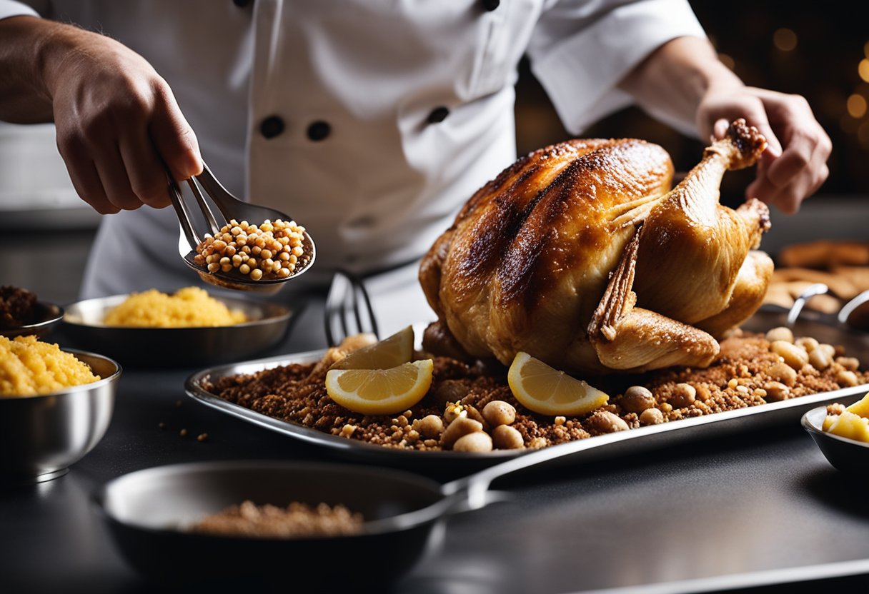 A chef sprinkles cinnamon on a roasted queen chicken