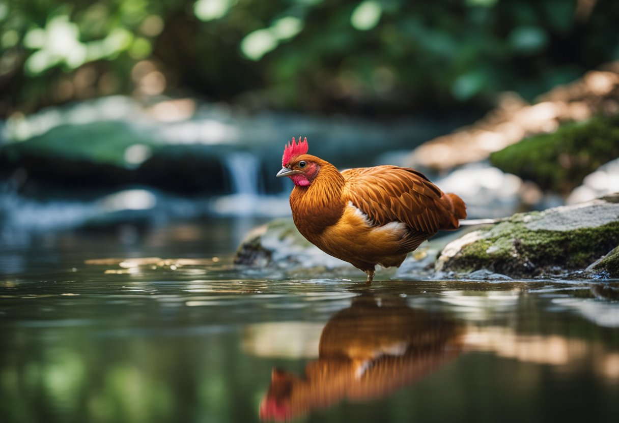 A cinnamon queen chicken peacefully roosts in a lush, natural setting, surrounded by vibrant foliage and clear, flowing water