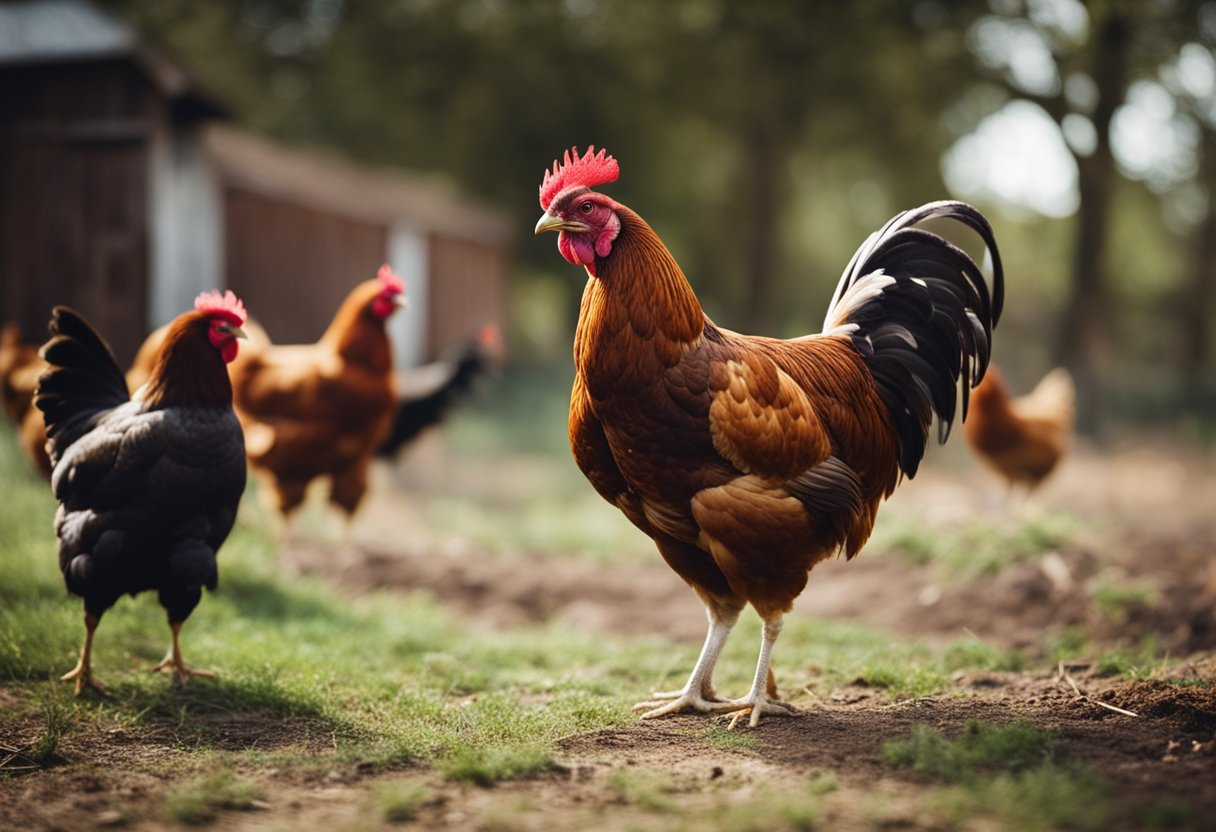 A cinnamon queen chicken standing in a farmyard, surrounded by other chickens