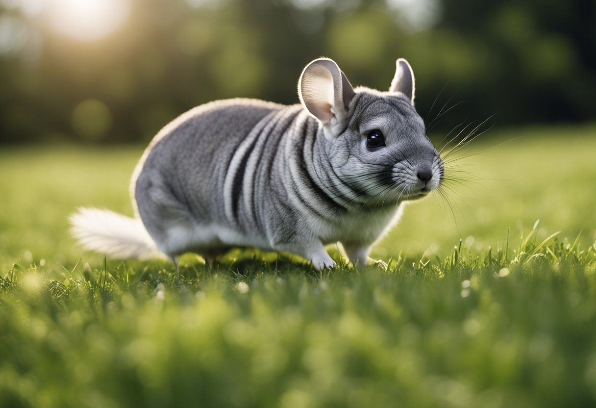 A chinchilla sprints across a grassy field, its fluffy tail trailing behind as it reaches top speed