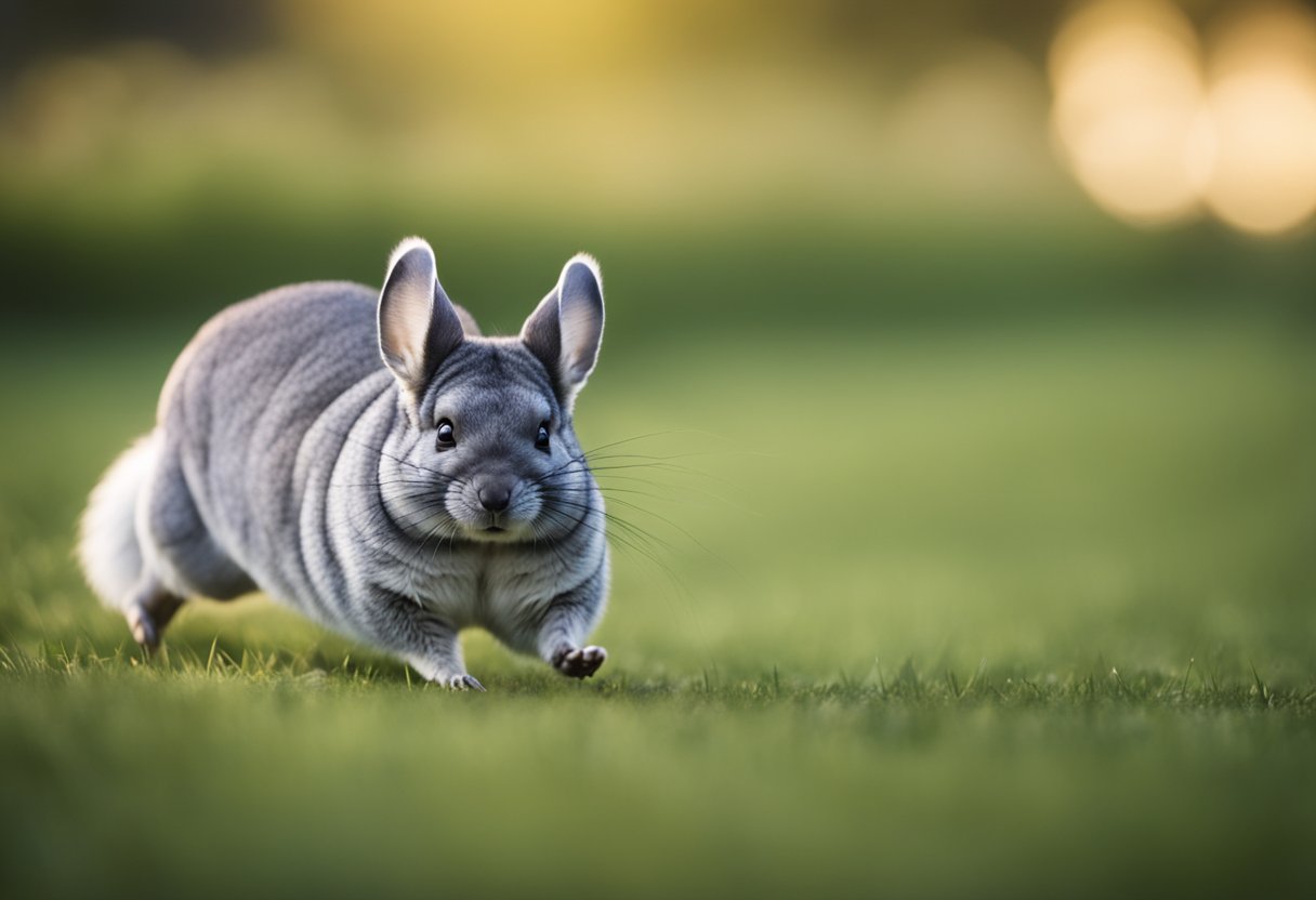 A chinchilla running across a grassy field, its fur fluffed and tail raised, showcasing its speed capabilities