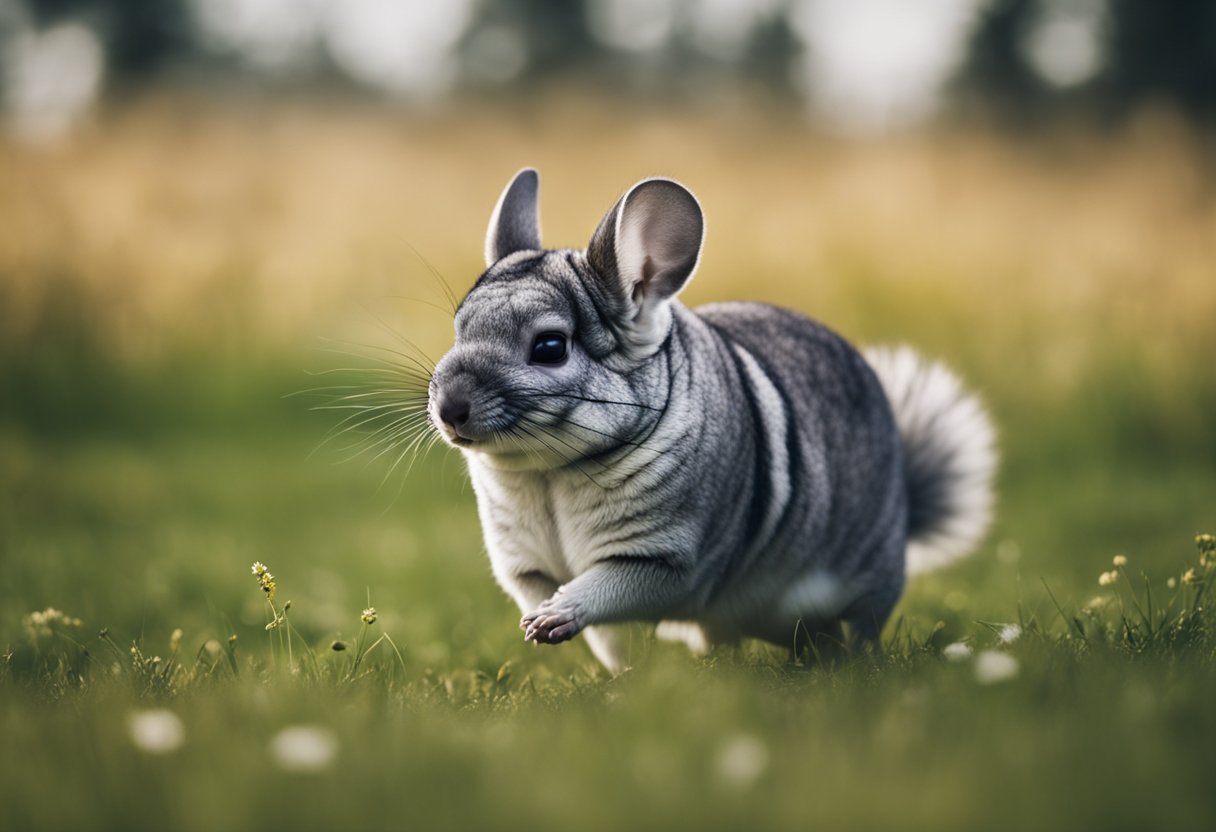 A chinchilla running through a grassy field with the wind blowing through its fur, its legs moving swiftly as it dashes across the open space