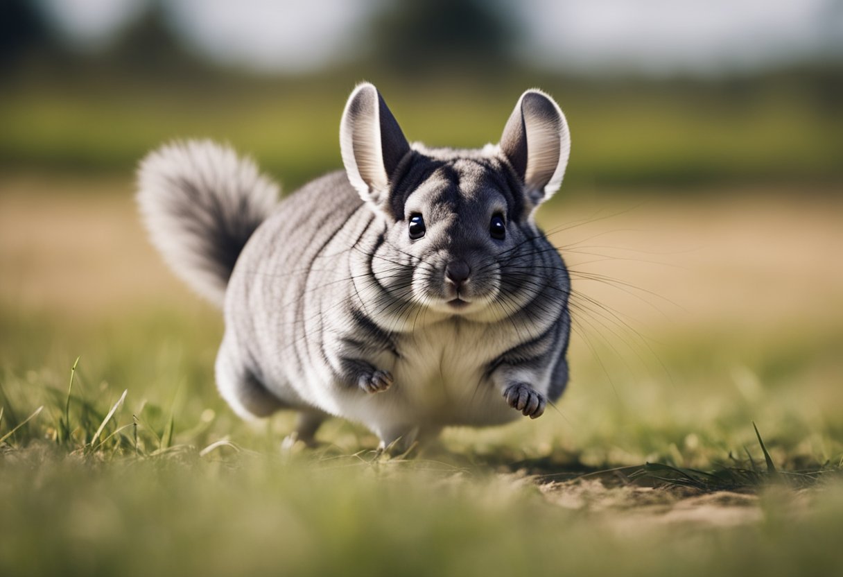 A chinchilla dashing across an open field, its fur fluffed up as it sprints at top speed