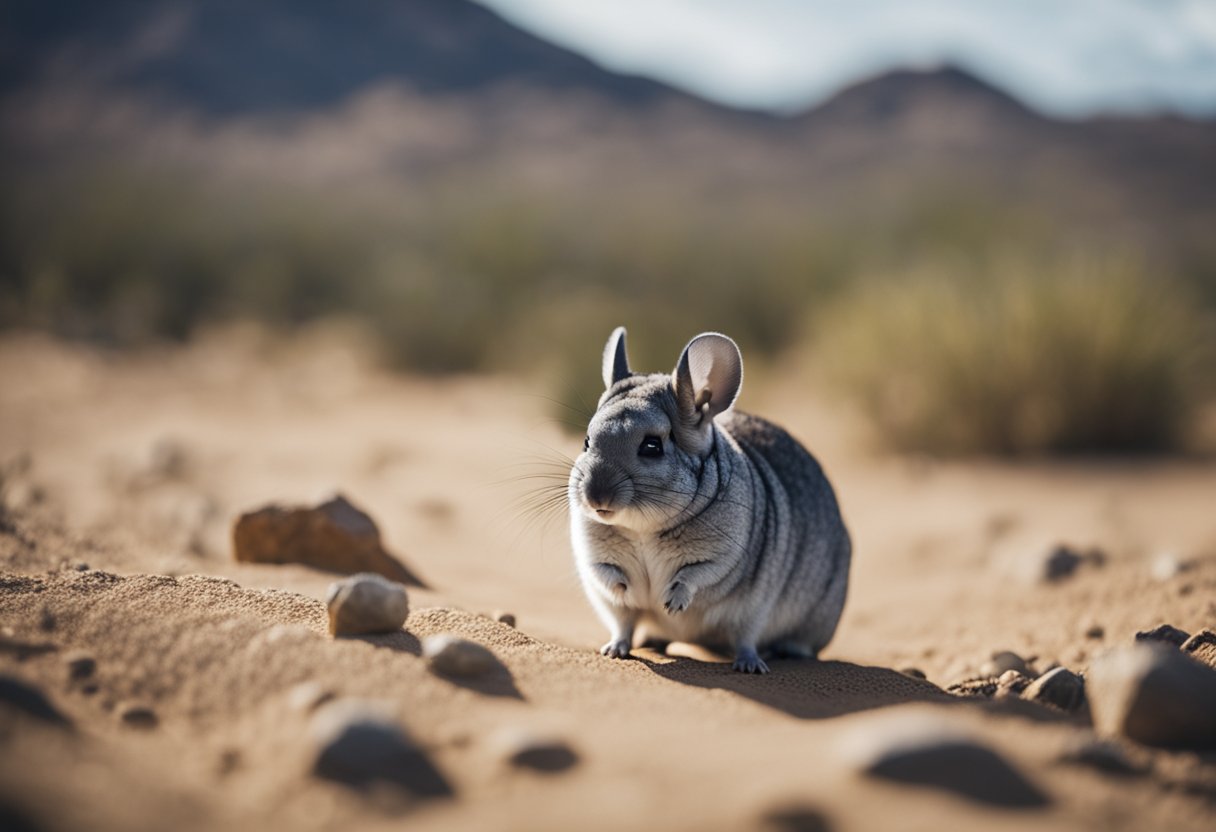 A chinchilla in a dry desert, avoiding a rainstorm under a sheltering rock