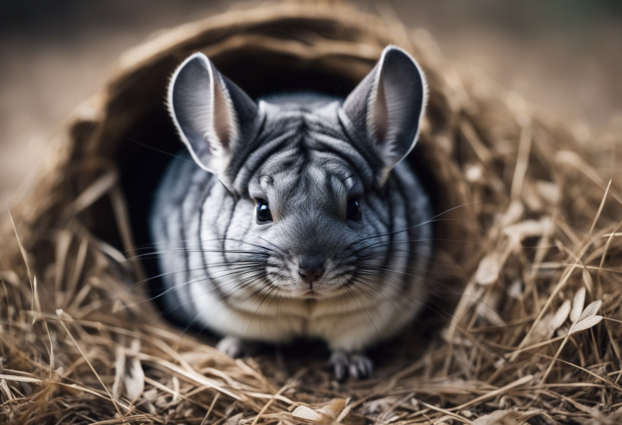 A chinchilla sits in a dry, cozy burrow, surrounded by fluffy, water-repellent fur. Outside, rain falls, but the chinchilla remains safe and dry